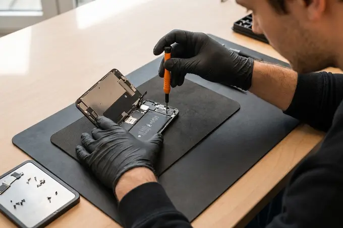 Technicien de l’atelier Nomophone dévissant un smartphone ouvert sur son établi, la nappe d’écran relevée et la batterie apparente